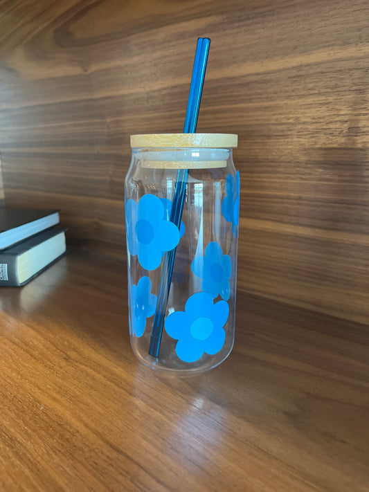 Blue Retro Flower designed glass can