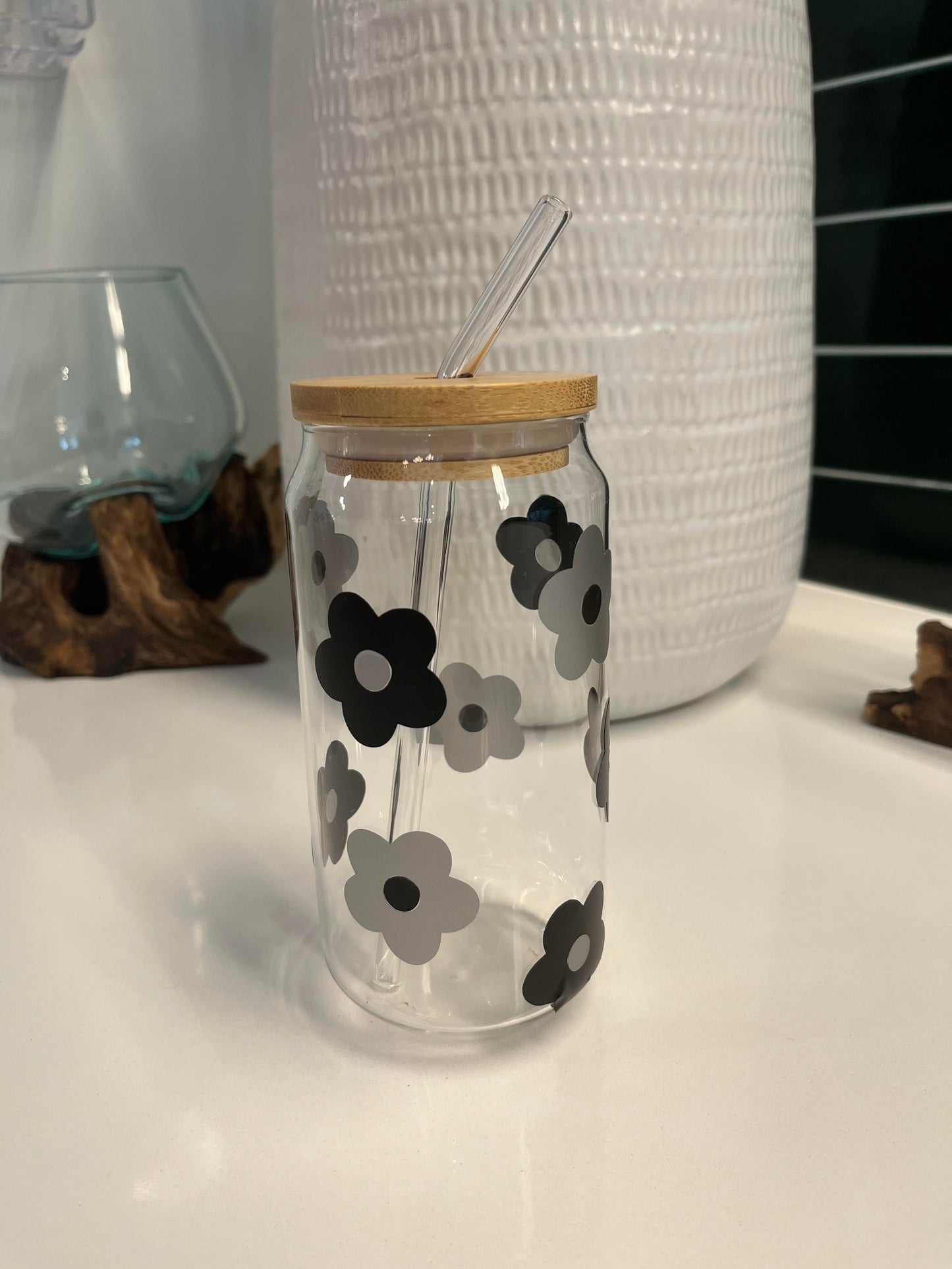 Black/Silver-Gray Retro Flower designed glass can