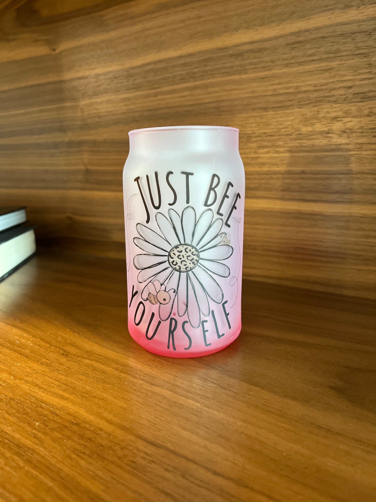 Just BEE Yourself-14/15 ounce ombré pink can glass with design