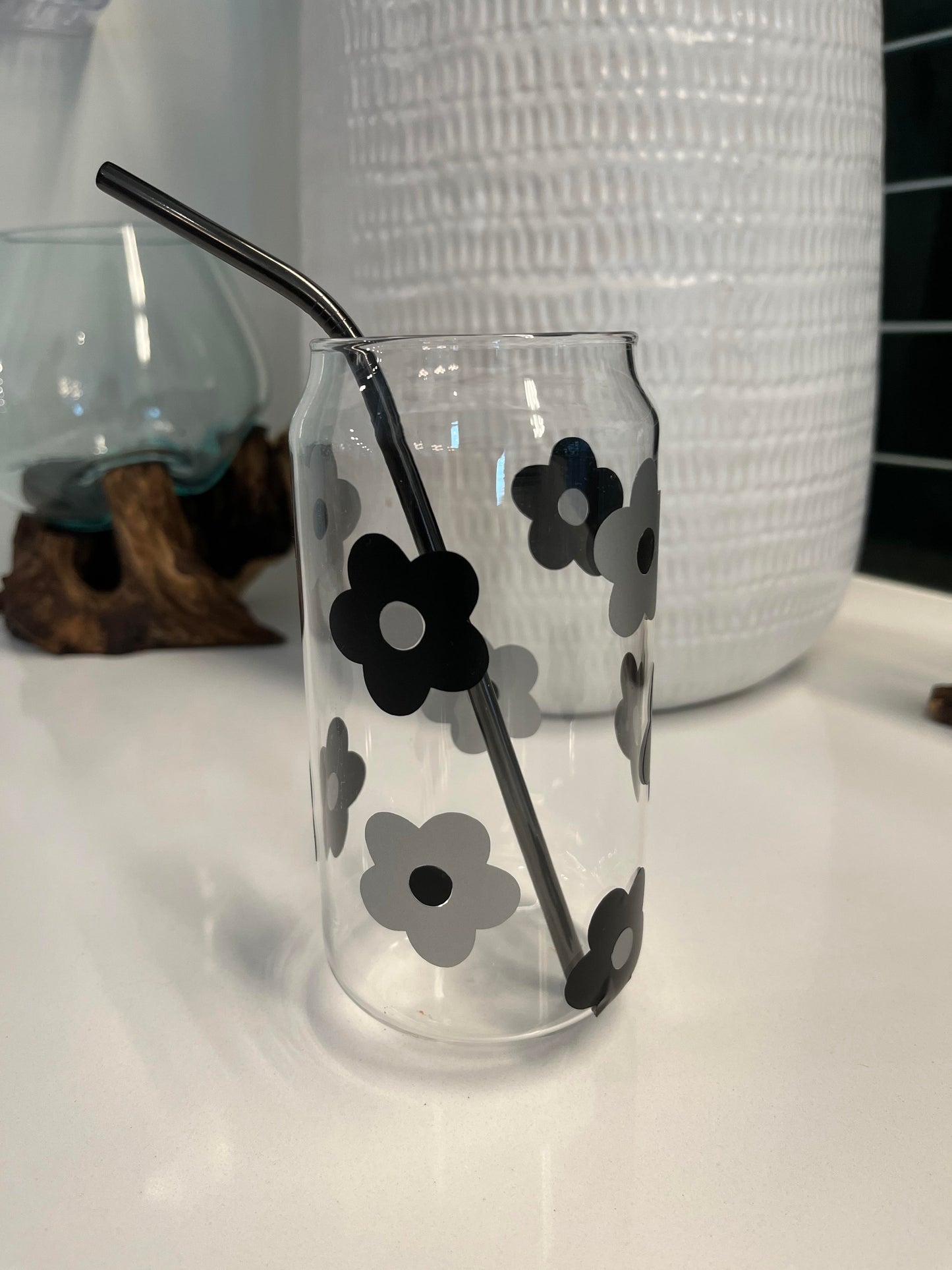 Black/Silver-Gray Retro Flower designed glass can