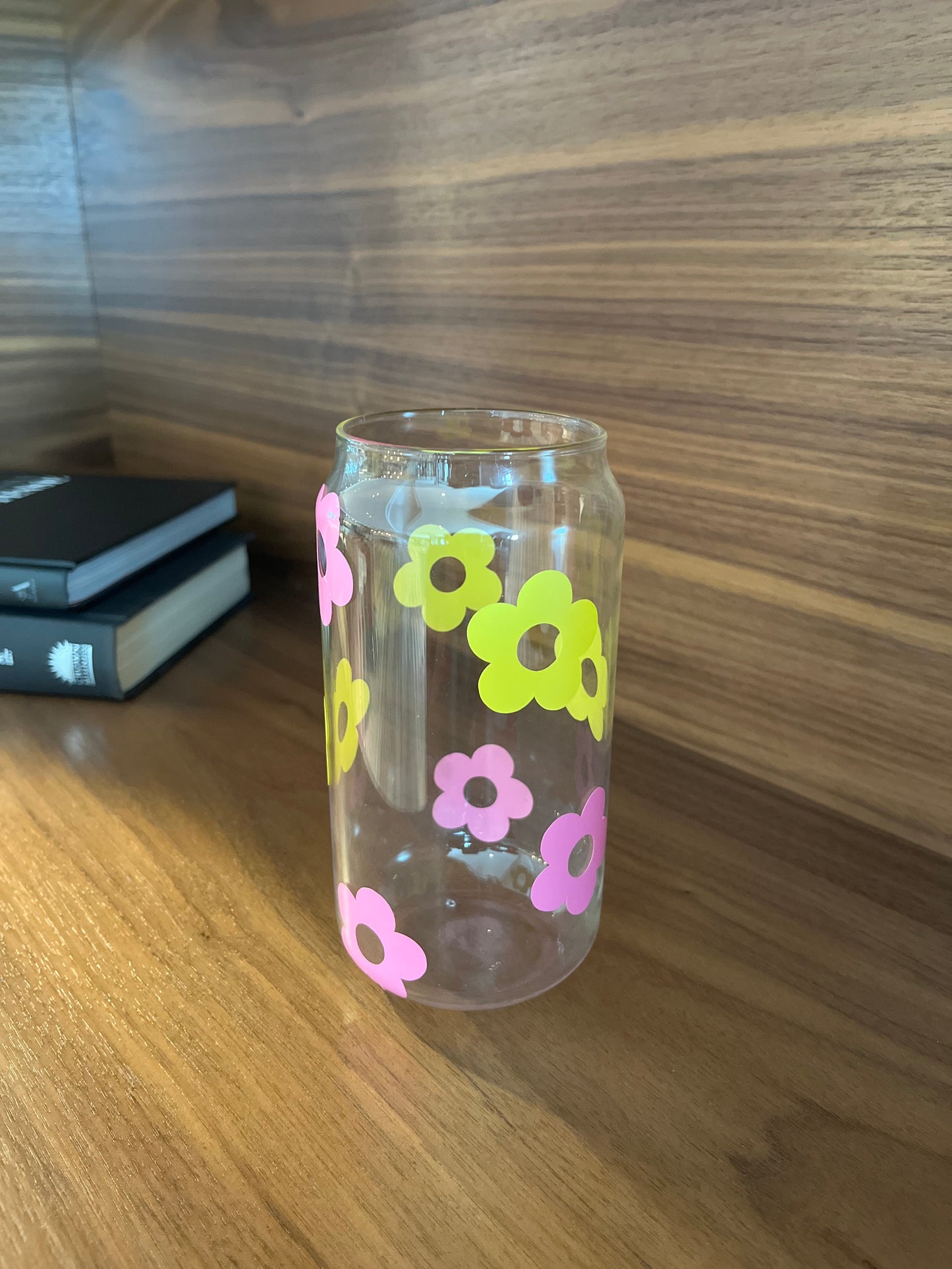 Pink/Yellow Retro Flower designed glass can