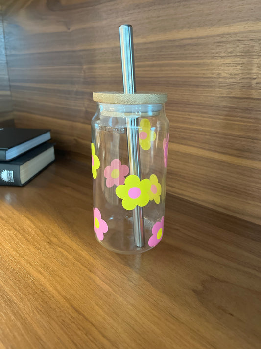 Pink/Yellow Retro Flower designed glass can