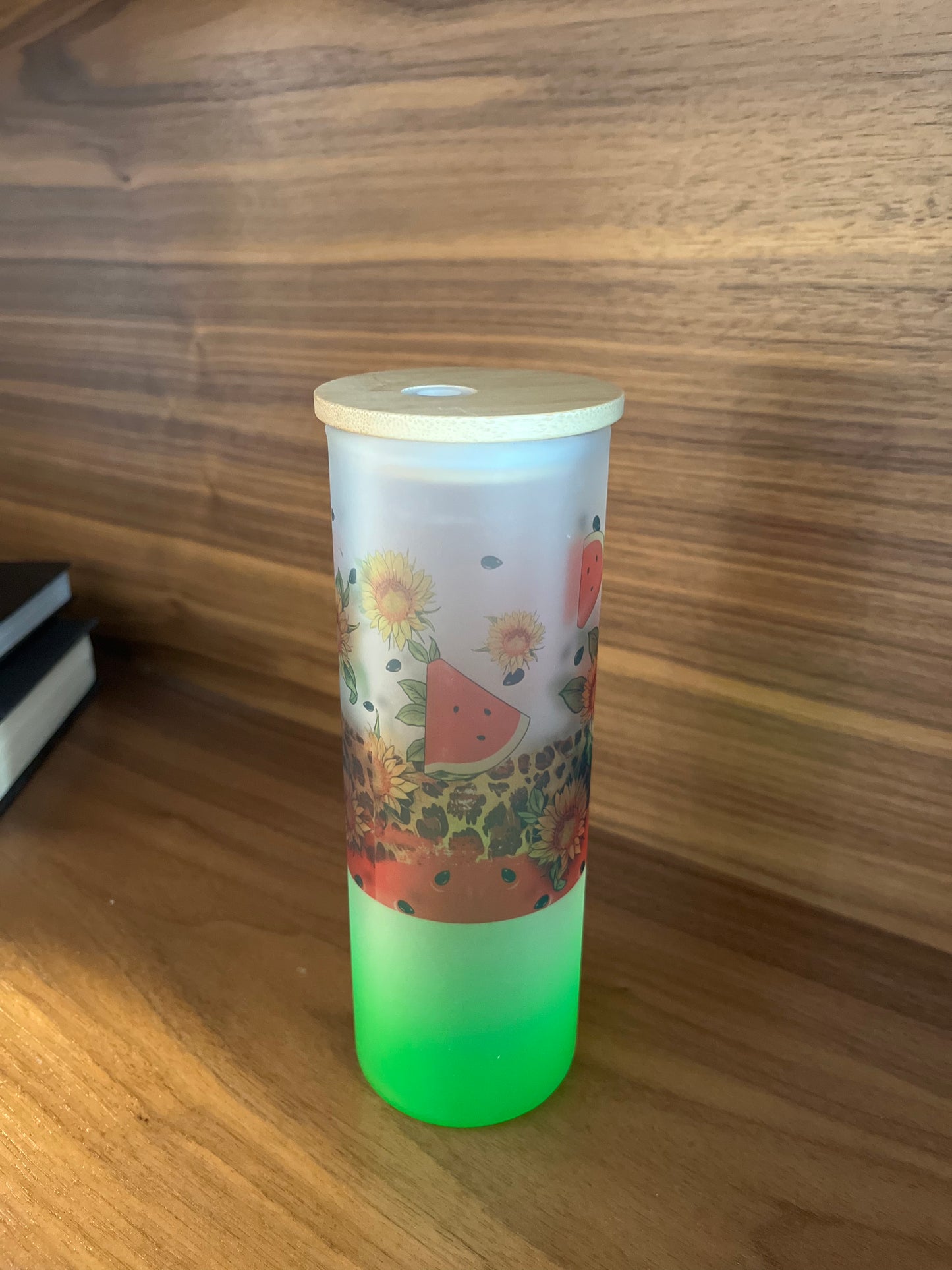 Watermelon-17 ounce skinny ombré green  glass tumbler with design